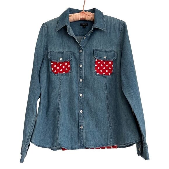 Talbots Upcycled Disney Minnie Mouse Red Polka Dot + Chambray Shirt 10P - Picture 1 of 6